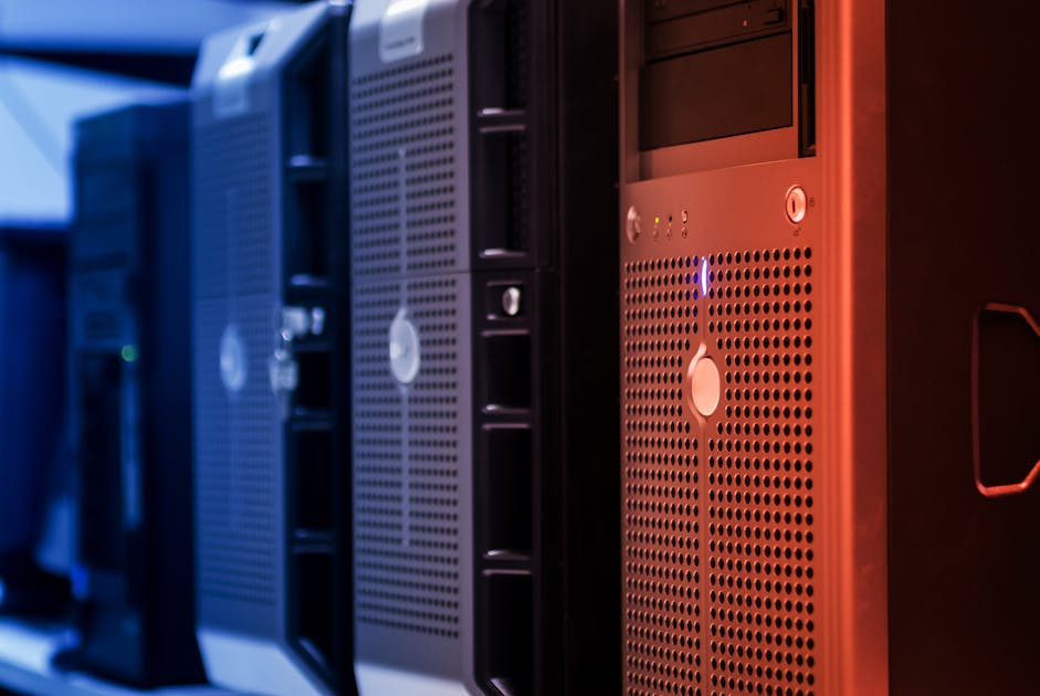 Server rack in a data center with blue lighting